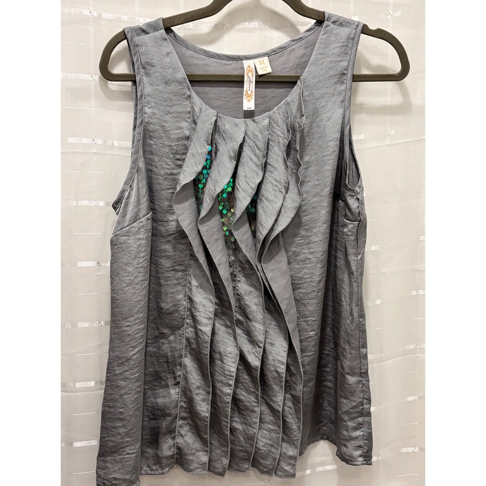 Adiva Gray Ruffle Sequin Mesh Sleeveless Blouse Top Medium B2568